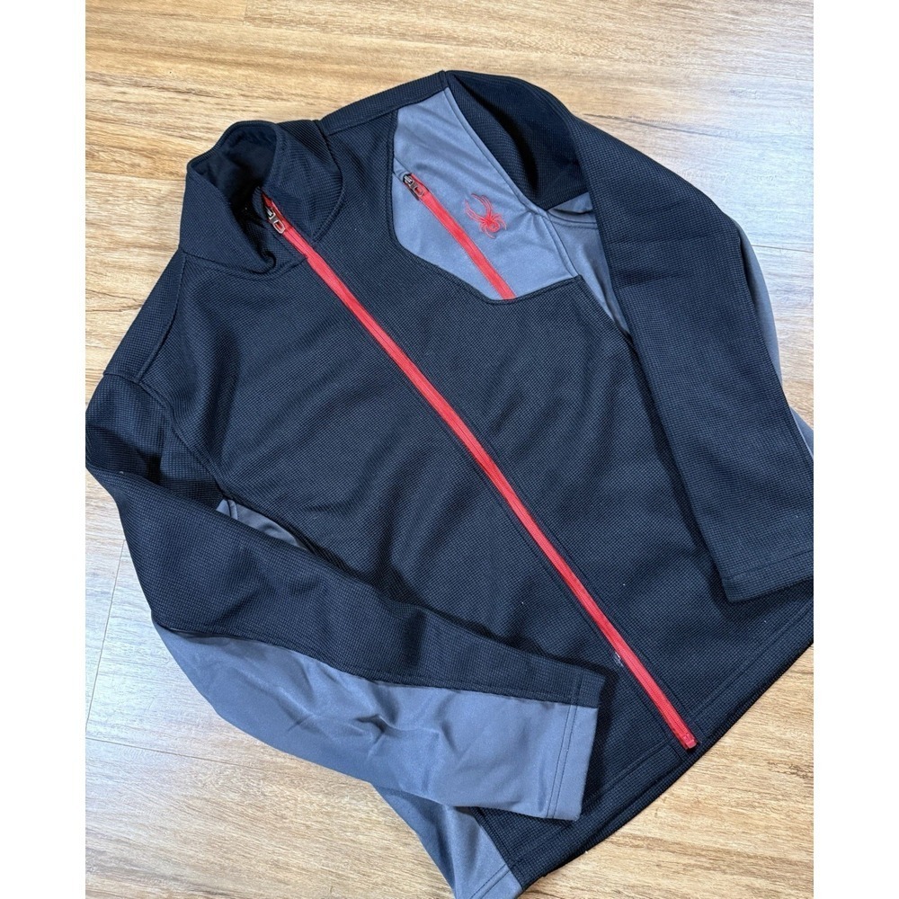 Spyder Mens Medium Black Gray Full Zip Fleece Jacket Red Accents